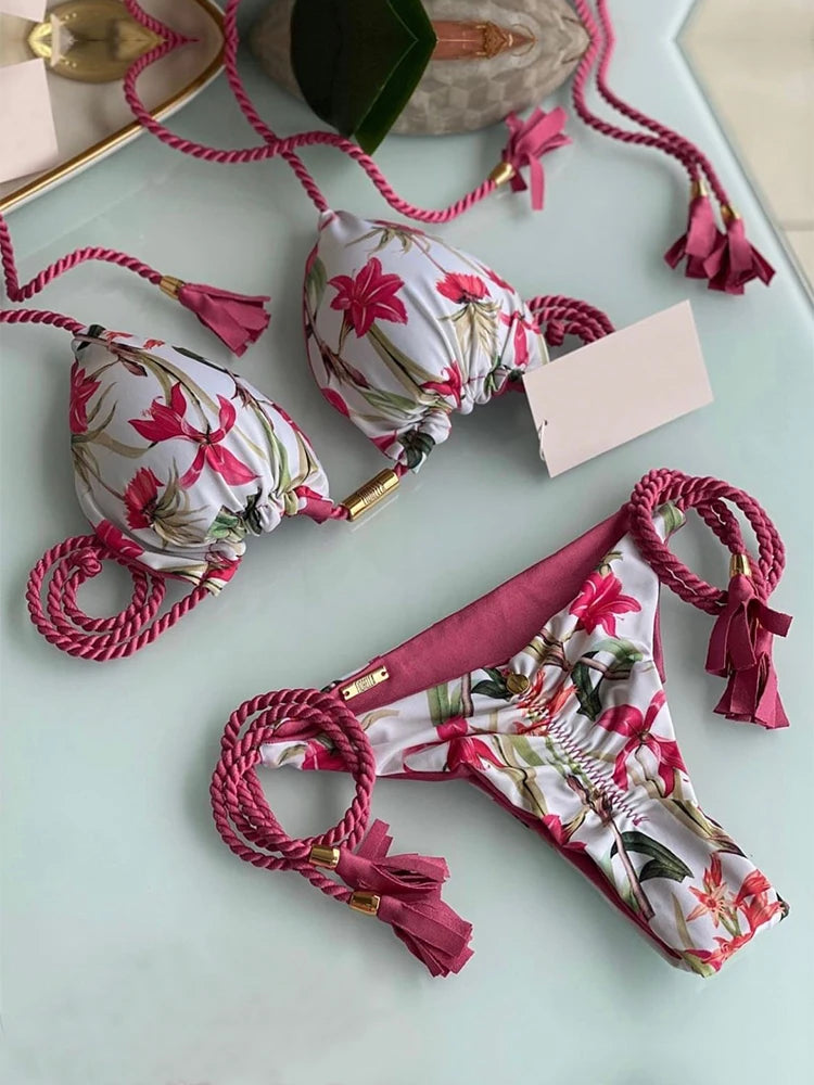 Aurora Tassel Side Tie Halter Bikini  Sunset and Swim Pink/Mixed S 