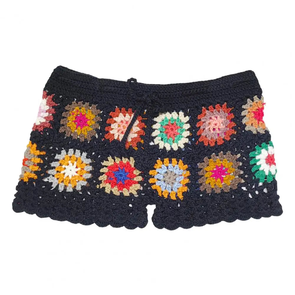 Boho Bloom Crochet Shorts Sunset and Swim Black S 