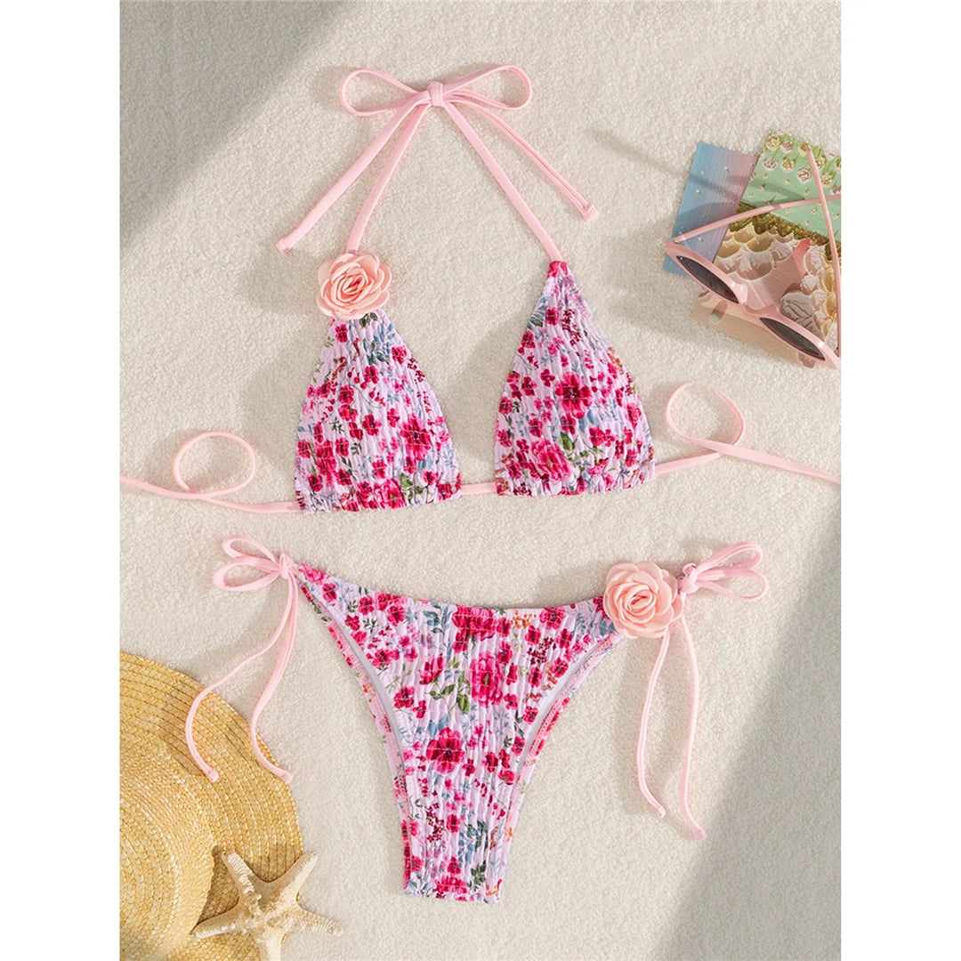 Rosy Radiance Floral 3D Flowers Bikini Sunset and Swim   