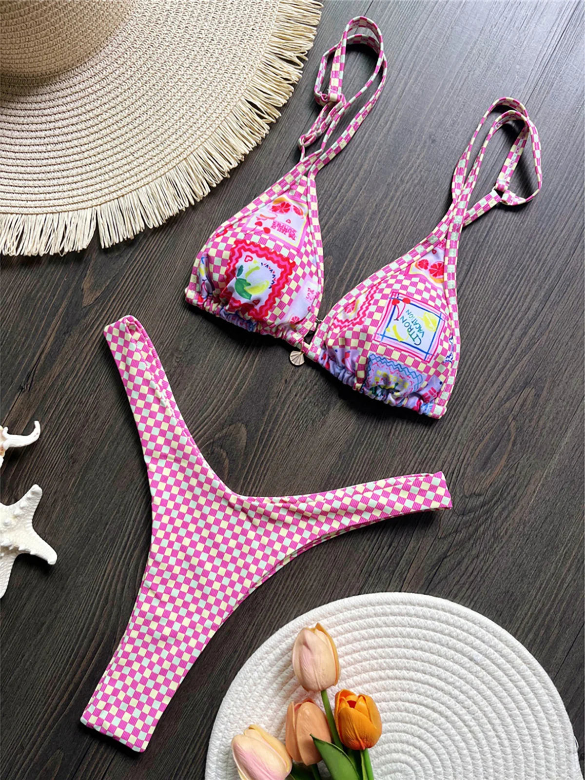 Pink Paradise Plaid Thong Bikini Sunset and Swim Pink S