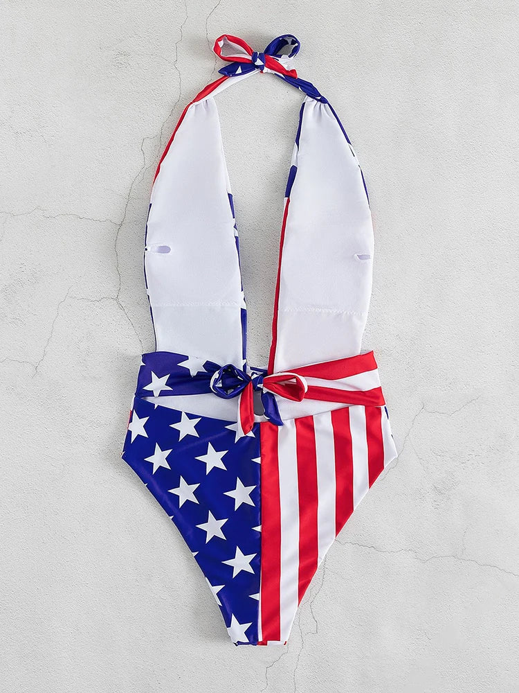 American Flag Deep V Plunge Open Back Swimsuit  Sunset and Swim   
