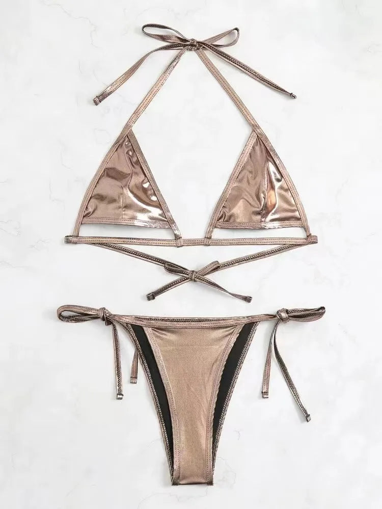 Glamorous Metallic Underboob Micro Bikini Set Sunset and Swim Metallic S 