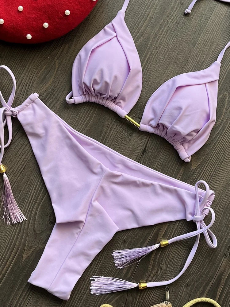 Pool Side Bliss Brazilian Bikini Sunset and Swim Purple S 