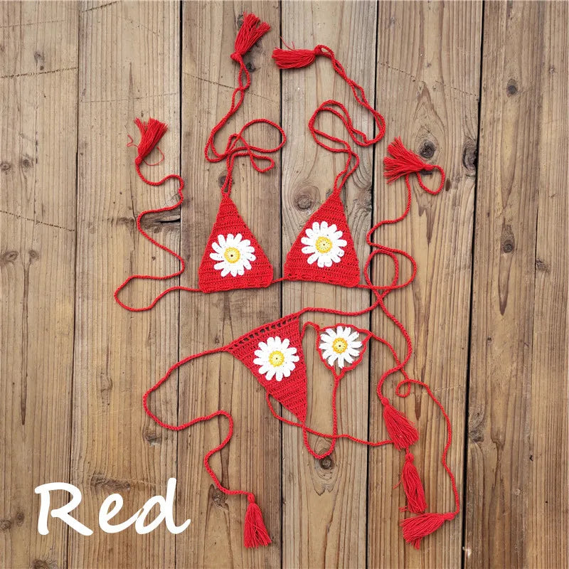 Island Dream Floral Crochet String Bikini  Sunset and Swim Red One Size 