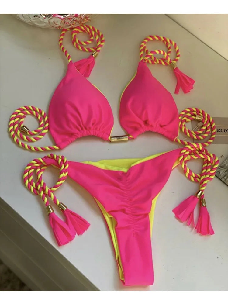 Isabella Tassel Side Tie Halter Bikini  Sunset and Swim   