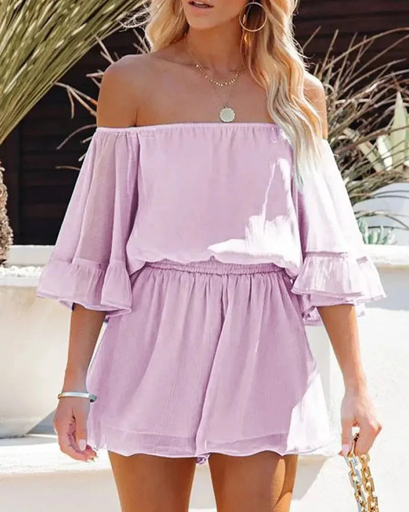 Paradise Awaits Off Shoulder Romper  Sunset and Swim   