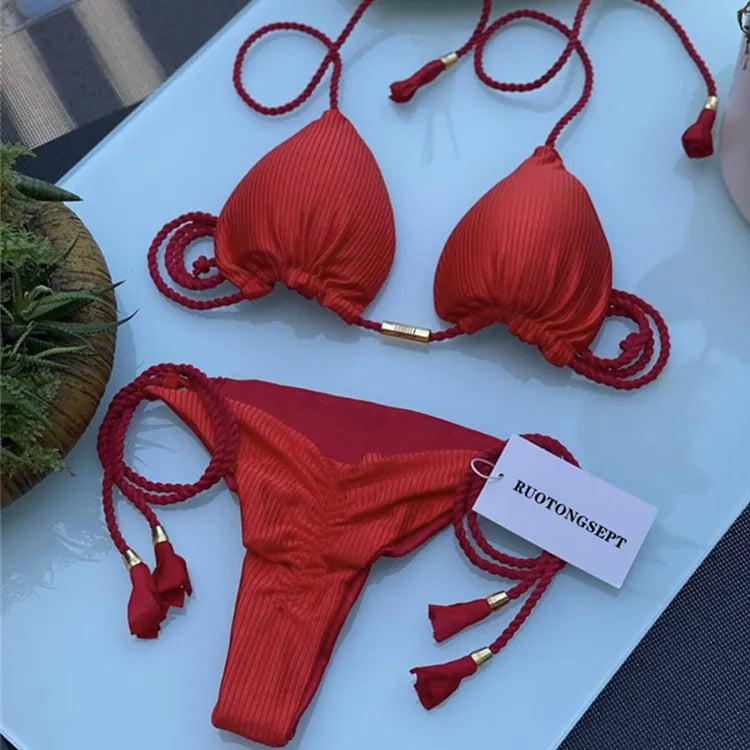 Isabella Tassel Side Tie Halter Bikini  Sunset and Swim Red S 