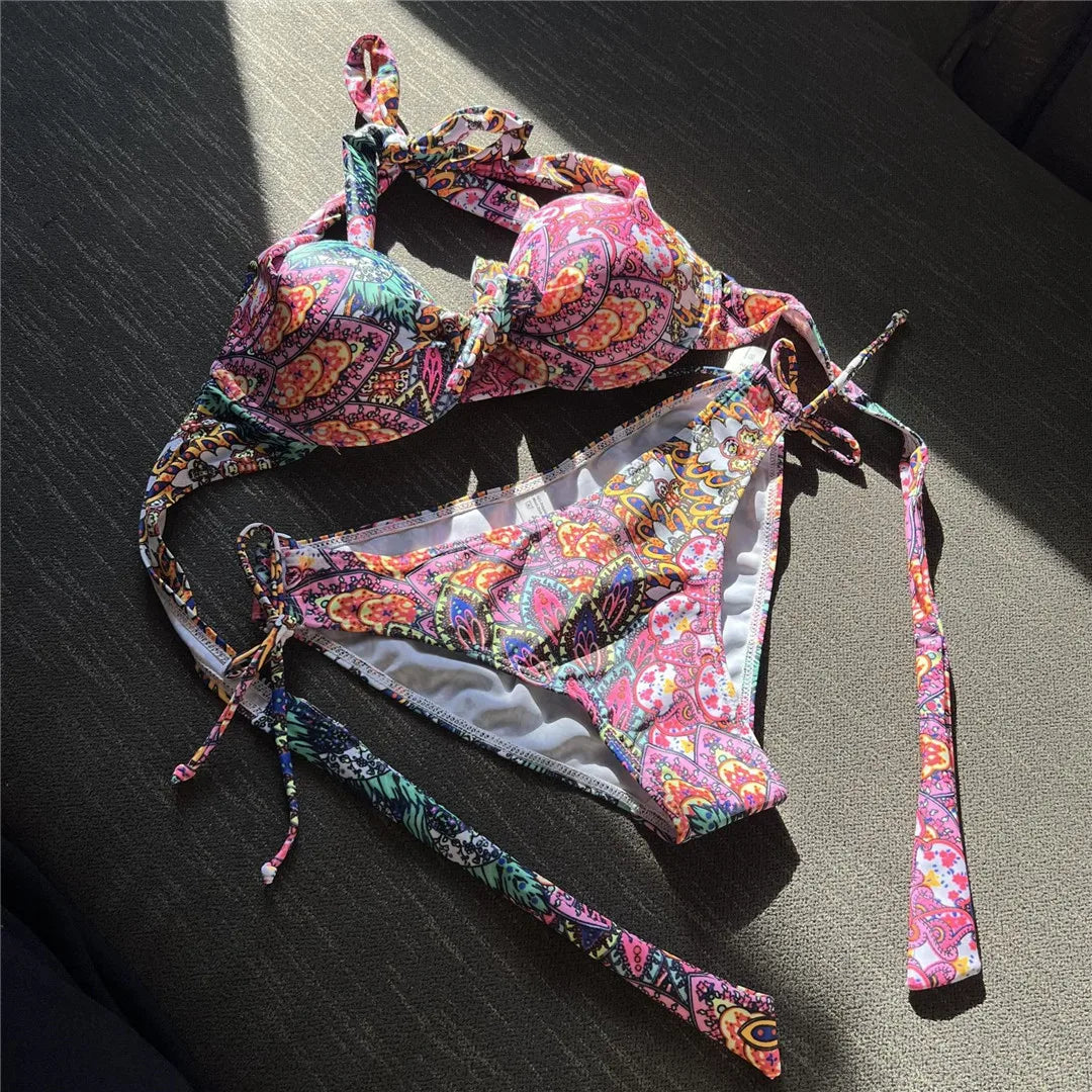 All Day Bikini Love Halter Colorful Print Bikini Sunset and Swim   