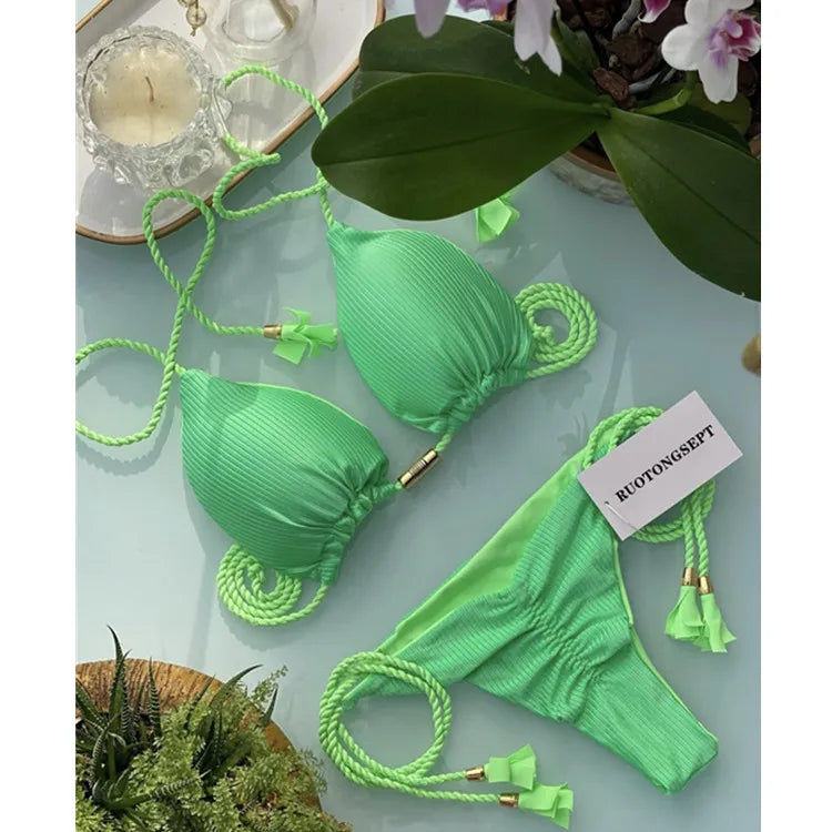 Isabella Tassel Side Tie Halter Bikini  Sunset and Swim Neon Green S 