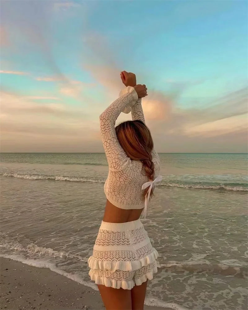 Saltwater Dreams Boho Knit Crochet Shorts Sunset and Swim   