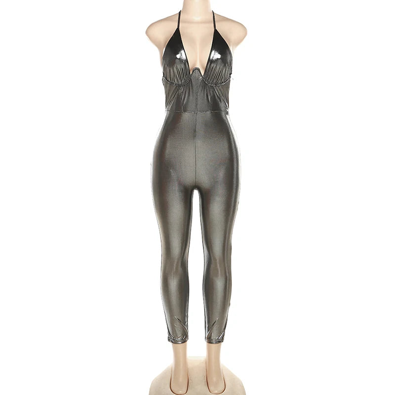 Metallic Bombshell Halter Cut Out Jumpsuit Sunset and Swim Dark Grey S 