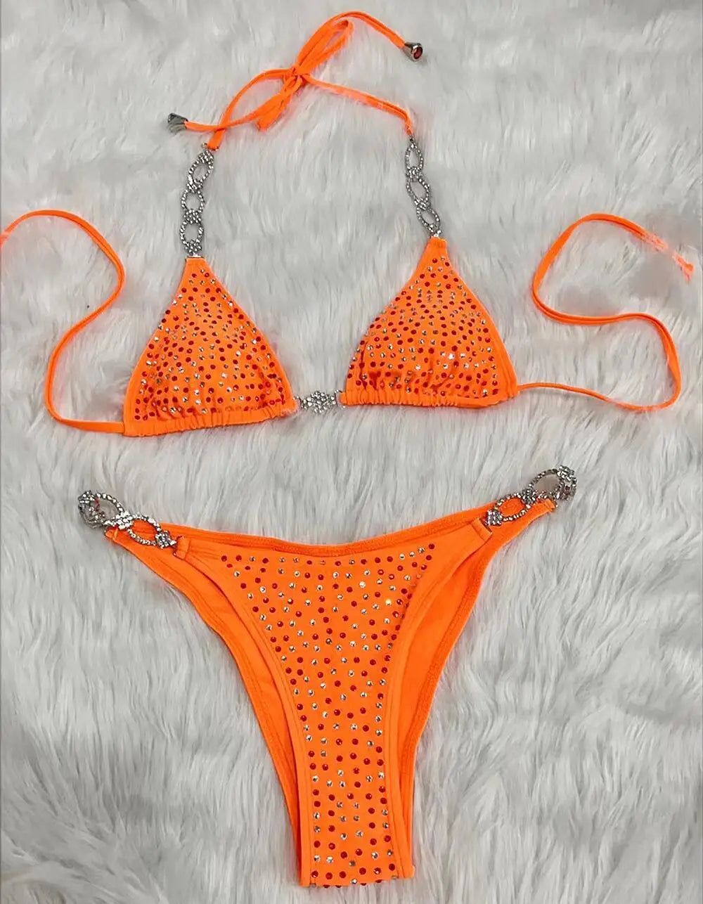 Luxe Diamond Embellished Halter Bikini Sunset and Swim Orange S