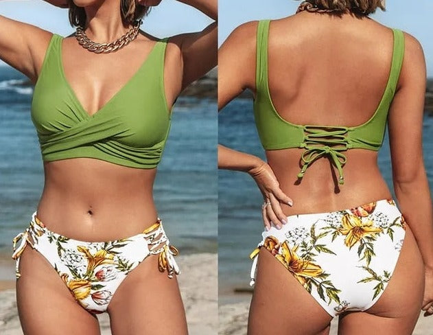 Marbella Low-Waist Lace up Bandage Bikini Set  Sunset and Swim Green White S 