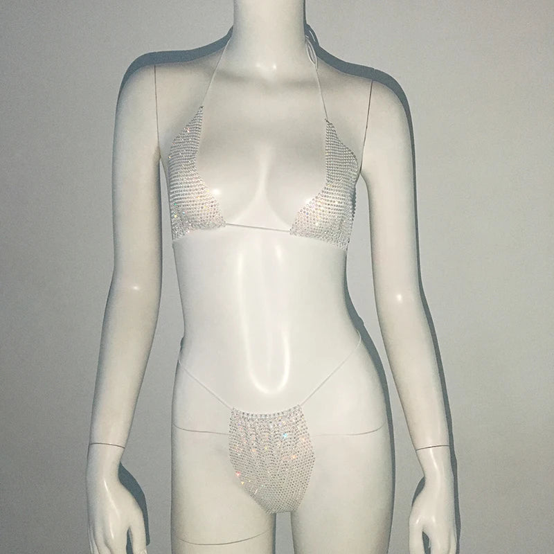 Glitter Goddess See through Micro Kini Rhinestone Bikini  Sunset and Swim White 2 One Size 