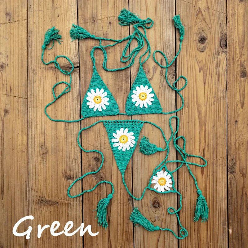 Island Dream Floral Crochet String Bikini  Sunset and Swim Green One Size 