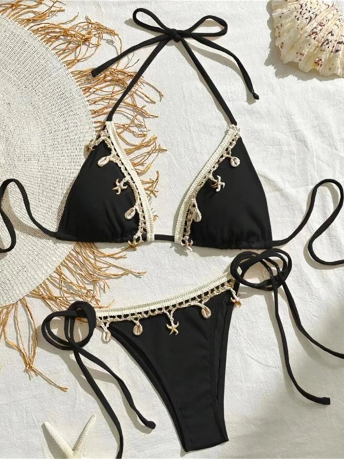 Seashell Love Halter Bikini Sunset and Swim Black S 