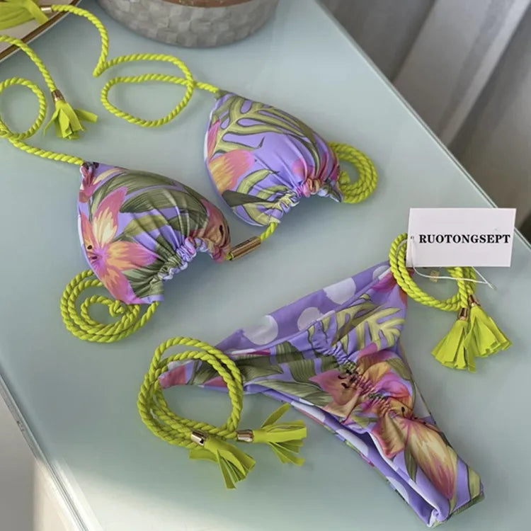 Isabella Tassel Side Tie Halter Bikini  Sunset and Swim Purple/Green S 