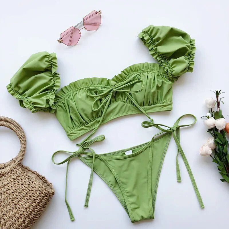 Sunkissed Puff Sleeve Bikini Set  Sunset and Swim Green S 