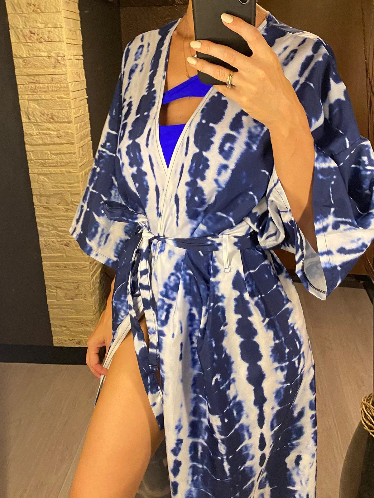 Aphrodite Blue Tie-dye Kimono Beach Cover Up With Belt Sunset and Swim   