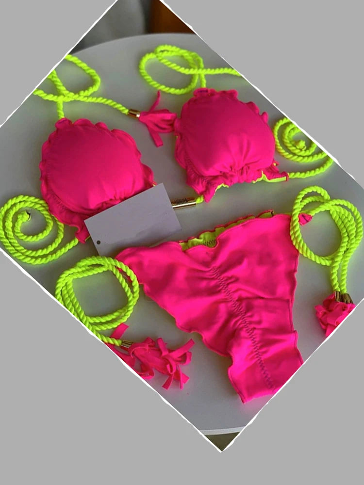Penelope Ruffled Triangle Bikini Set  Sunset and Swim Hot Pink L 
