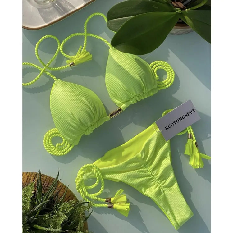 Isabella Tassel Side Tie Halter Bikini  Sunset and Swim Yellow/Green S 