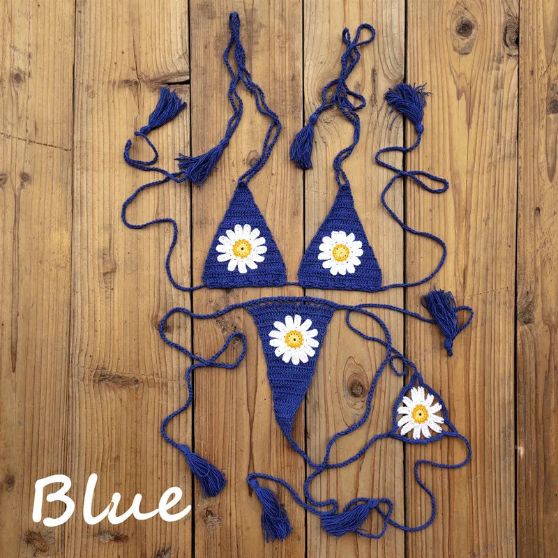 Island Dream Floral Crochet String Bikini  Sunset and Swim Blue One Size 