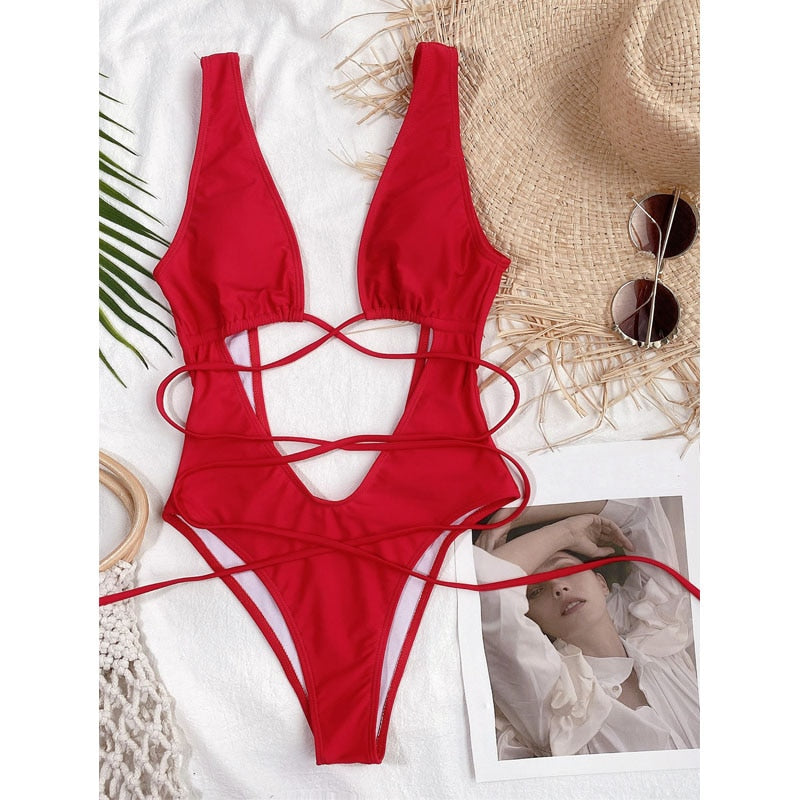 Hailey Strappy Waist Cut Out Swimsuit  Sunset and Swim Red S 