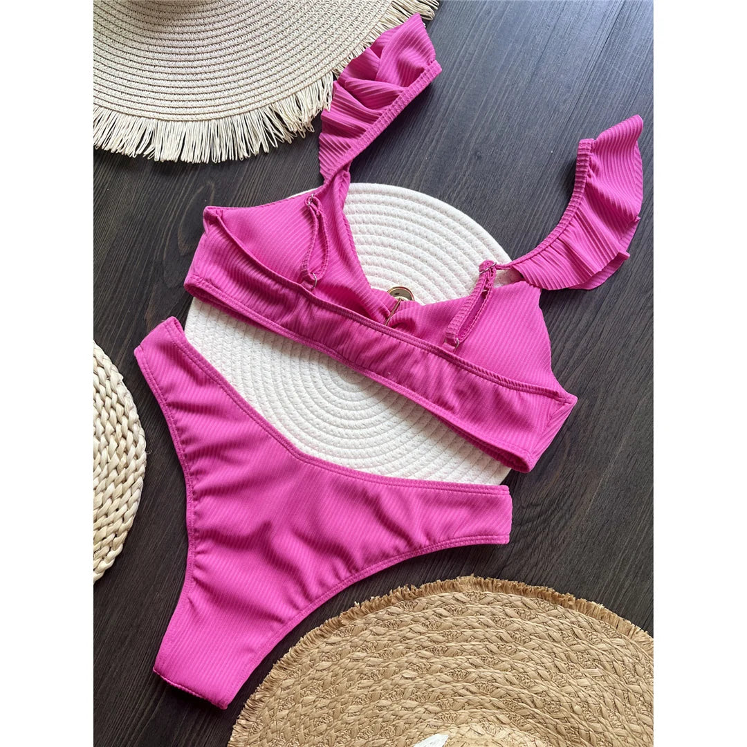 Penelope Pink Ruffled Ribbed High Leg Cut Brazilian Bikini Sunset and Swim   