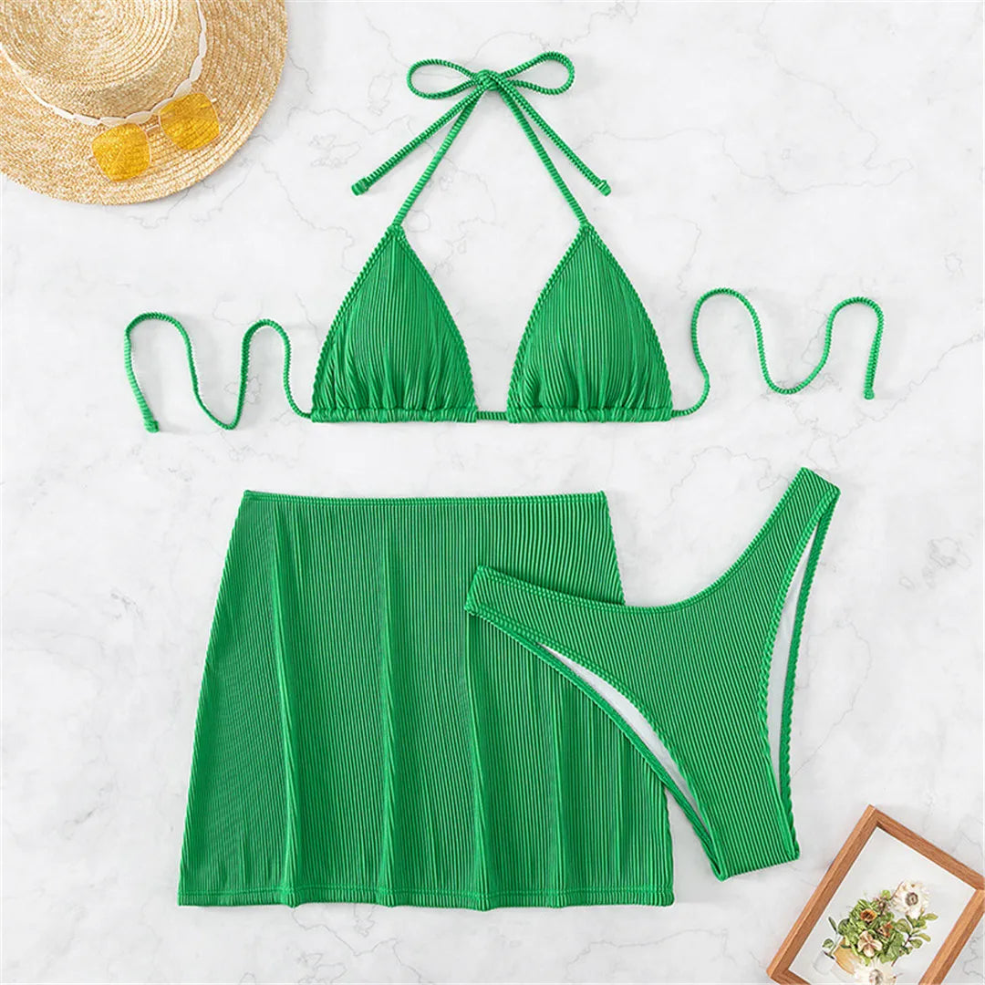 Scarlette Three Piece Ribbed Bikini Set  Sunset and Swim Bright Green S 