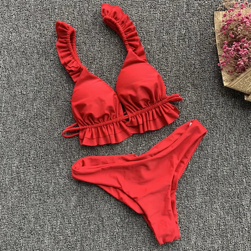 Playful Frill Two-Piece Bikini Sunset and Swim Red S