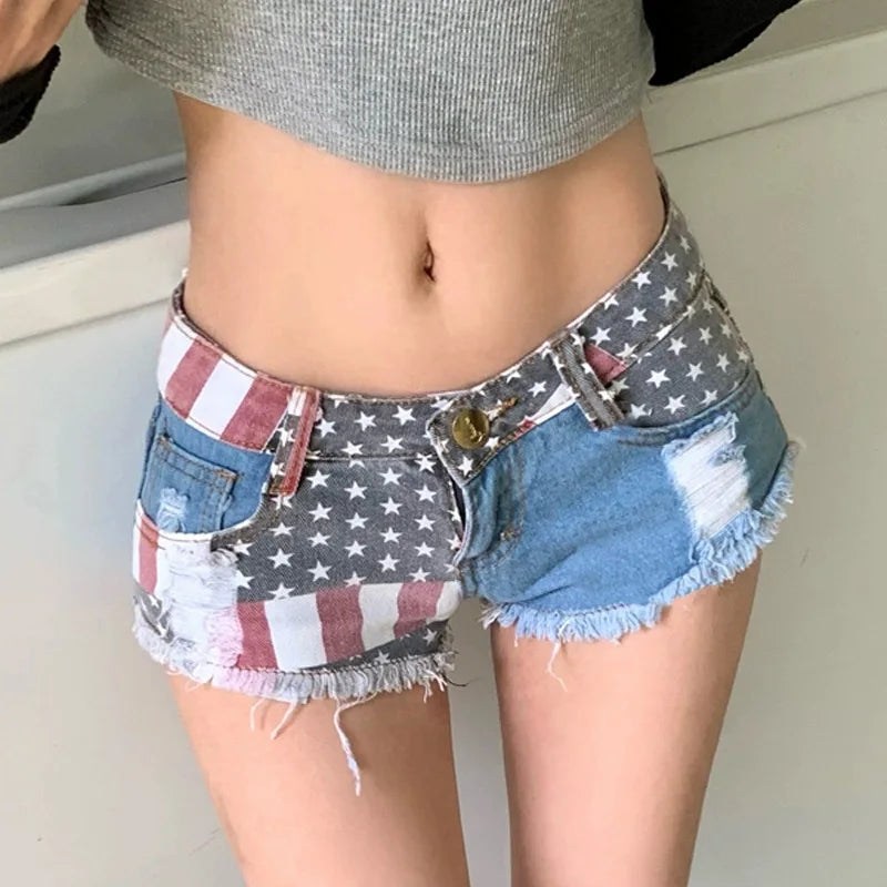 USA American Flag Jeans Denim Shorts Hot Pants Sunset and Swim Blue/Red XS 