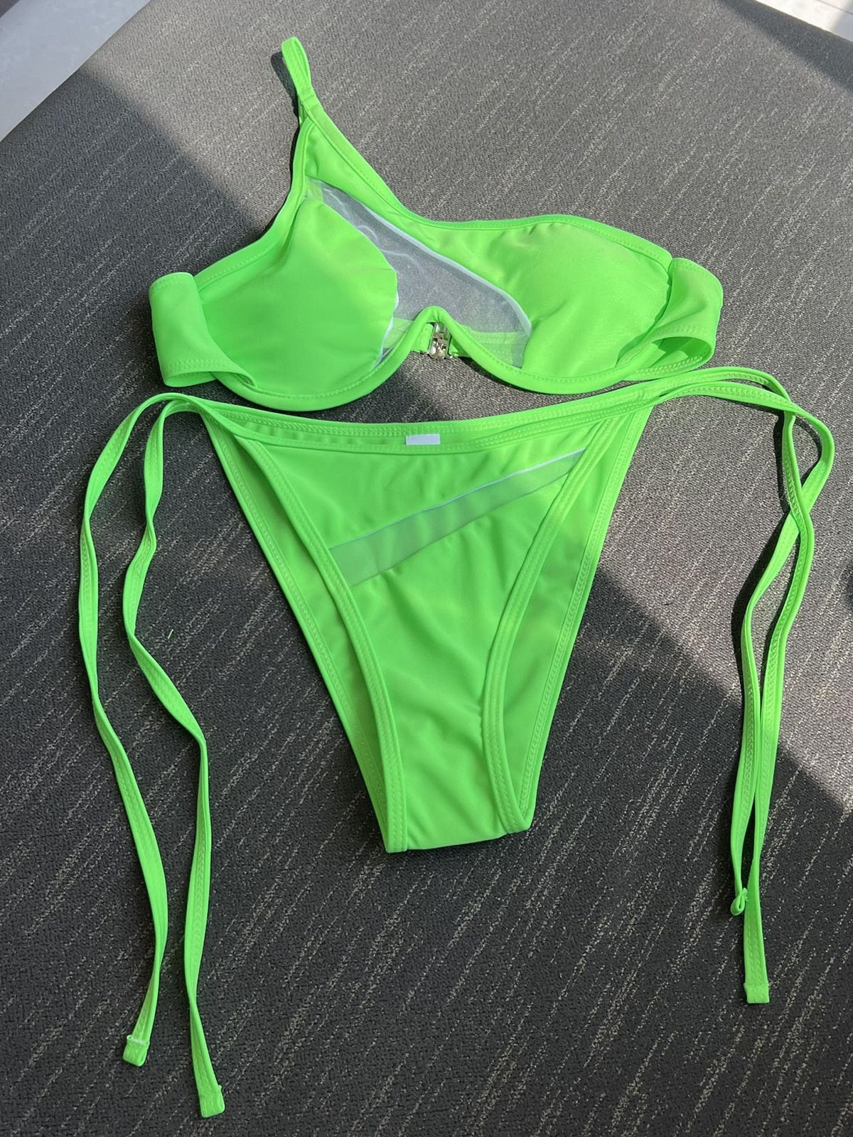 Seductive Sheer Glamour One-Shoulder Micro Bikini Set  Sunset and Swim Green S 