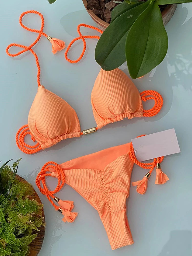Aurora Tassel Side Tie Halter Bikini  Sunset and Swim Orange S 