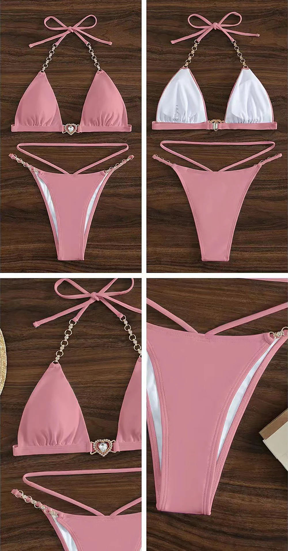 Chain Linked Halter Triangle Bikini Sunset and Swim   