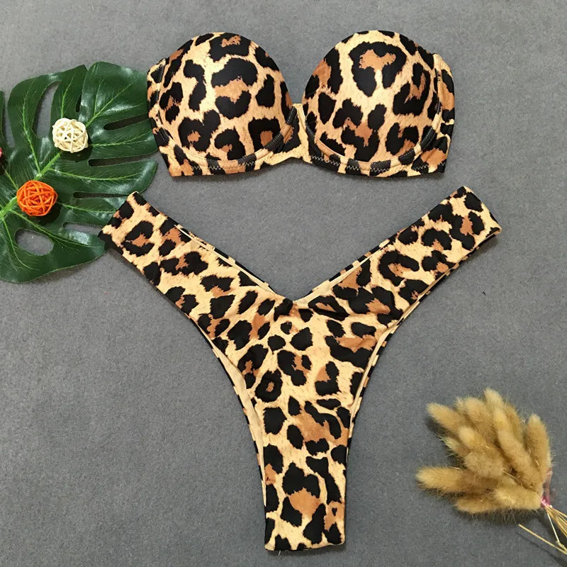 Savage Charm Brazilian Bandeau Bikini Sunset and Swim Leopard L 