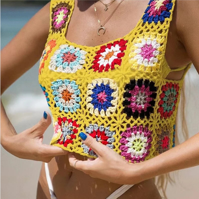 Sun-Kissed Crochet Beachscape Cover Up Top  Sunset and Swim Yellow One Size 