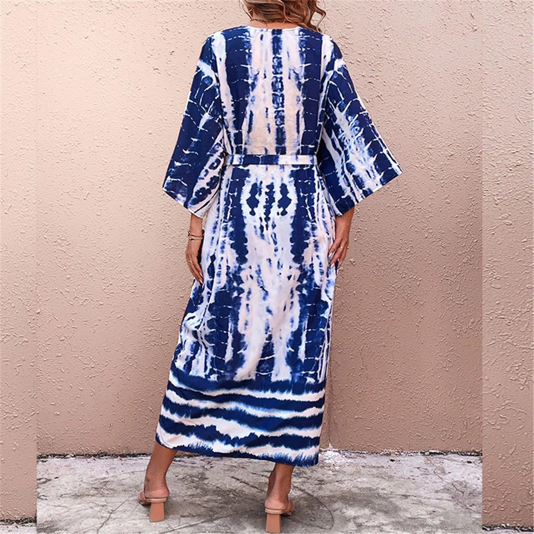 Aphrodite Blue Tie-dye Kimono Beach Cover Up With Belt Sunset and Swim   