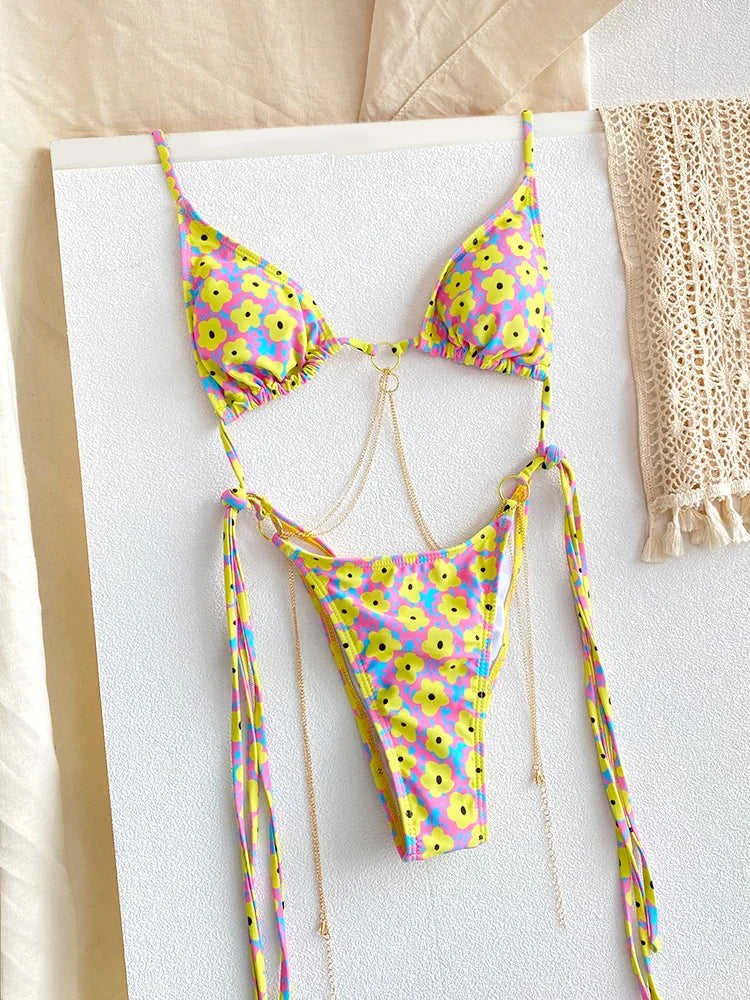 Exotic Sunset Triangle Chains Brazilian Bikini Sunset and Swim Yellow S 