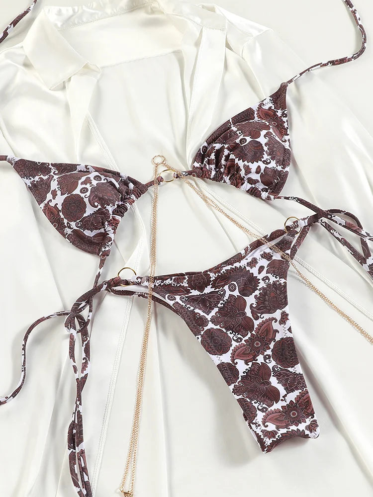 Exotic Sunset Triangle Chains Brazilian Bikini Sunset and Swim Brown S 