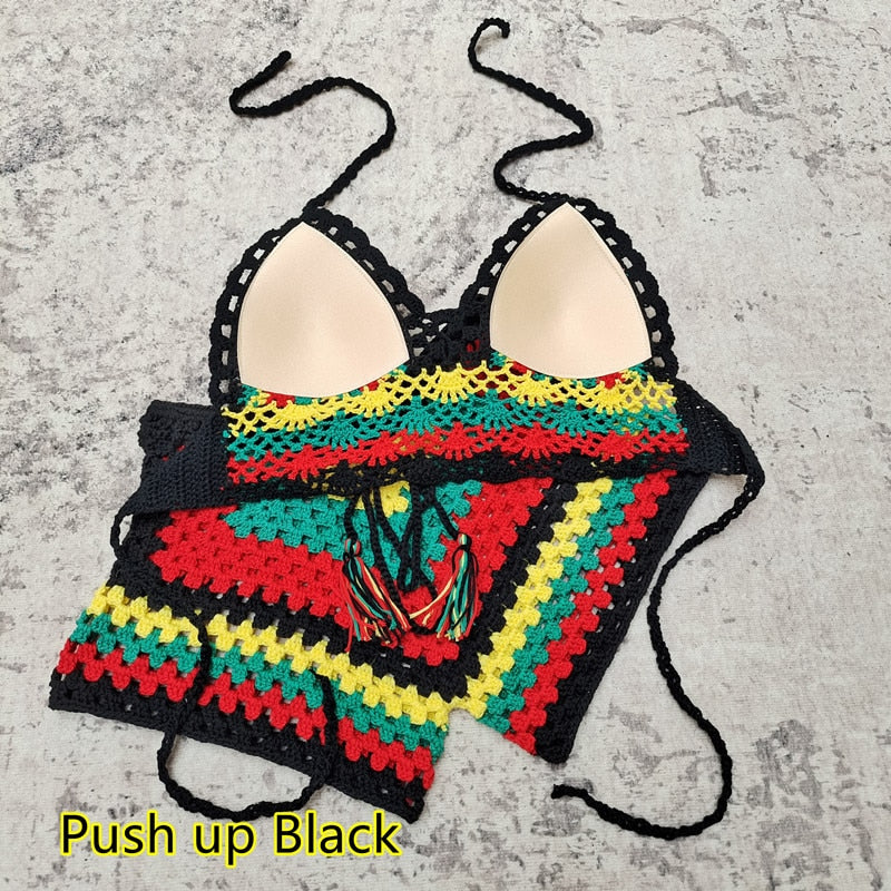 Rainbow Harmony Bohemian Crochet Bikini Set  Sunset and Swim Push-up Bikini S 