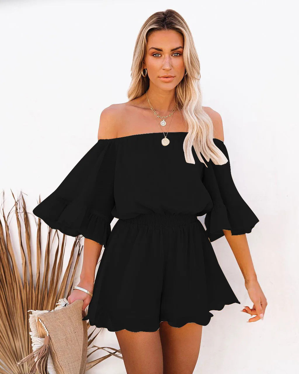 Paradise Awaits Off Shoulder Romper Sunset and Swim   