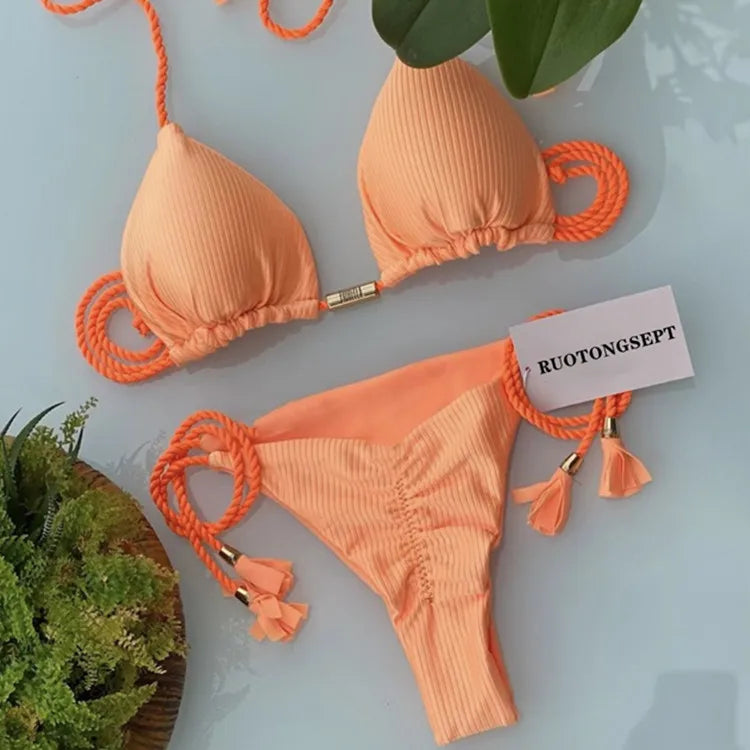 Isabella Tassel Side Tie Halter Bikini  Sunset and Swim Apricot S 