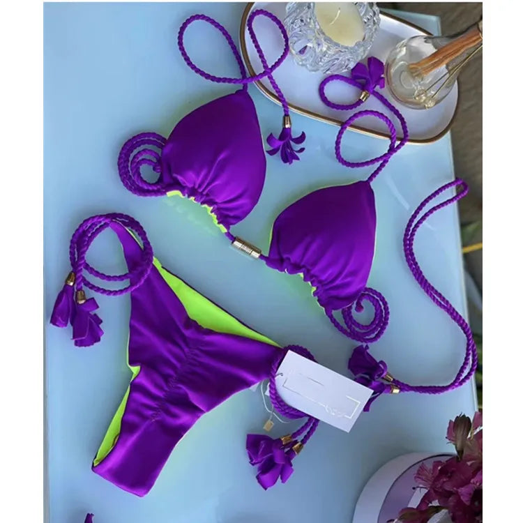 Isabella Tassel Side Tie Halter Bikini  Sunset and Swim Purple 3 S 
