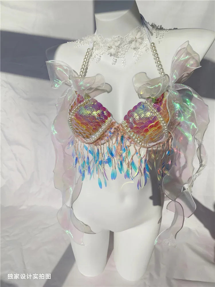 12 Colors Mermaid Sequins Shells Bikini Tops Bras Oceanarium Bar Performances Out Of Costume Fishtail Skin Women FreedivingShow Sunset and Swim   