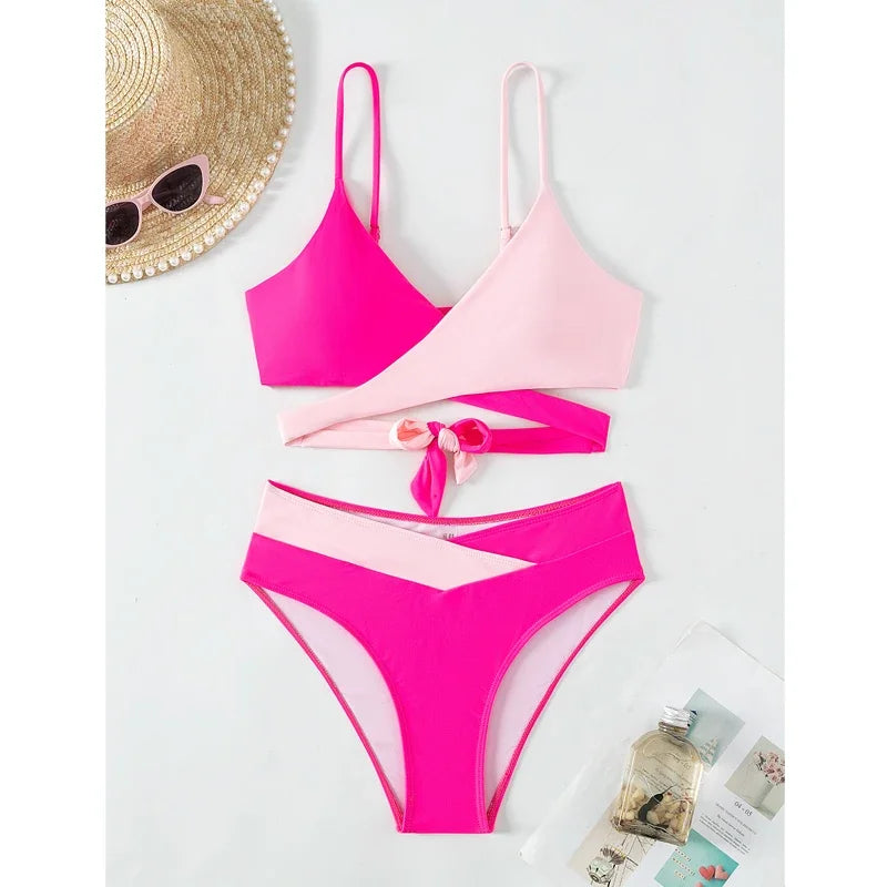 Pink Criss Cross Cut Out Bikini Sunset and Swim   