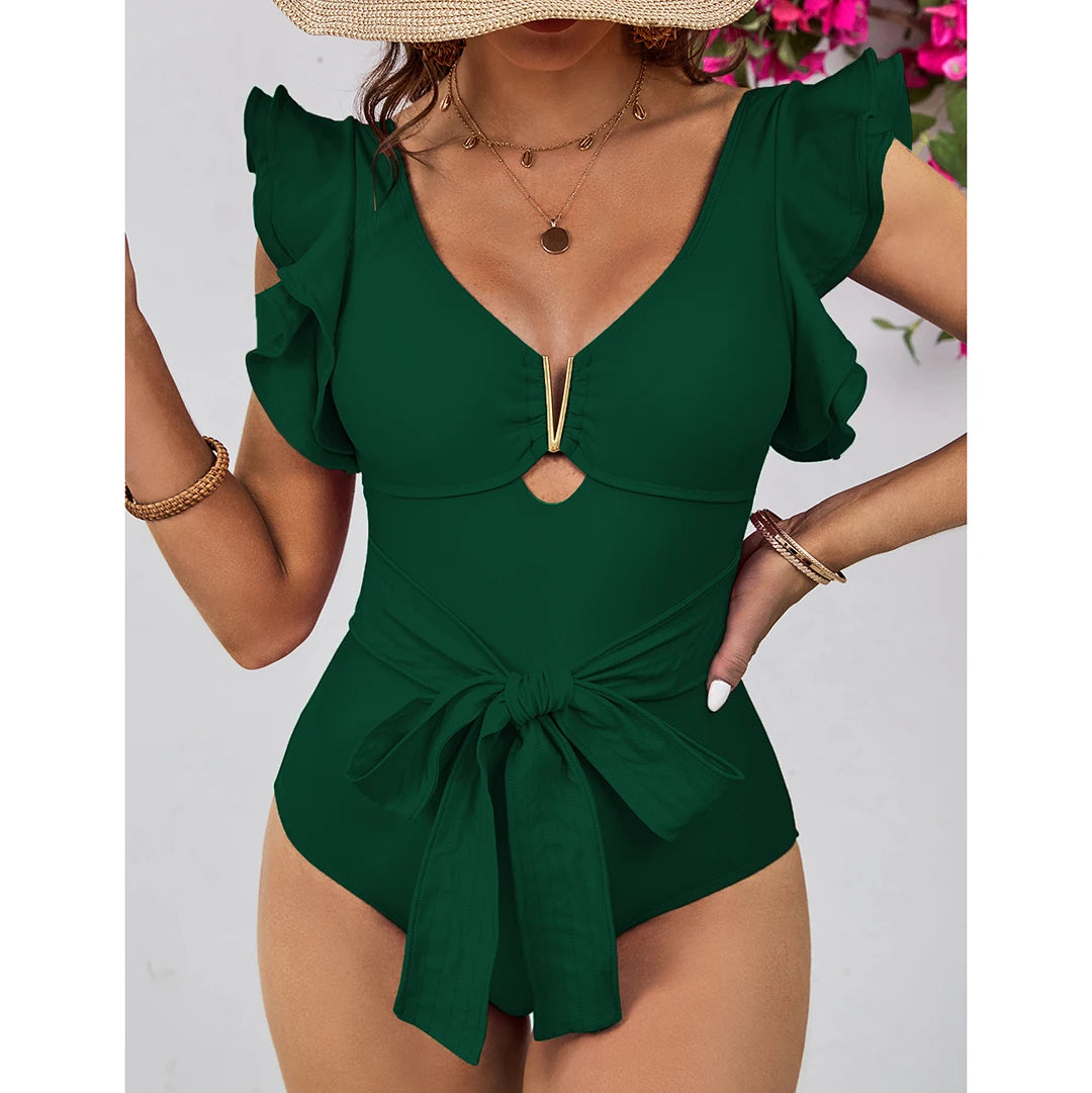 Pure Paradise Ruffle Shoulder Belt Swimsuit  Sunset and Swim Green S 