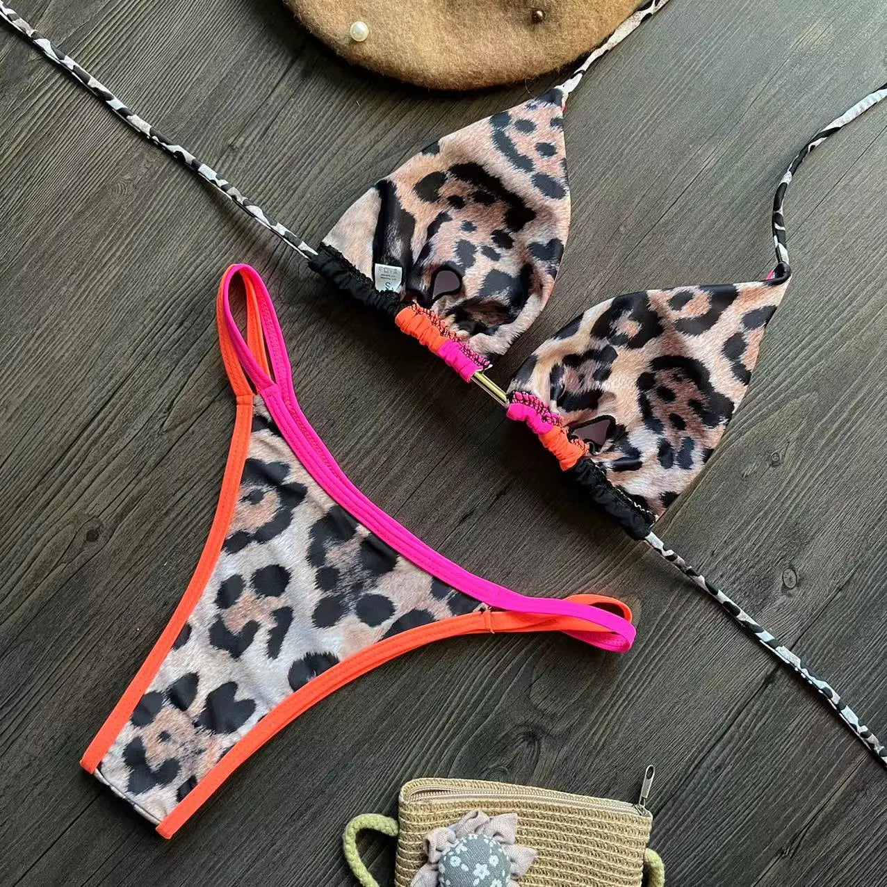 Neon Leopard Colorblock Brazilian Bikini Sunset and Swim   