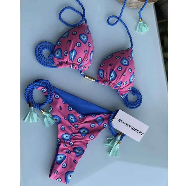 Isabella Tassel Side Tie Halter Bikini  Sunset and Swim Pink 2 S 