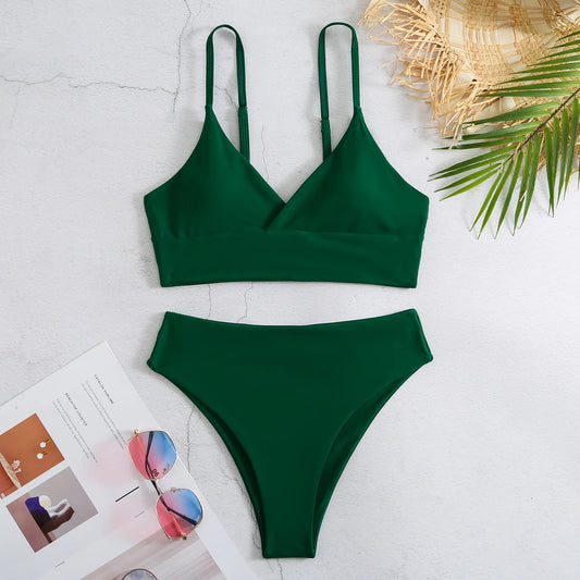 Amy Solid High Waist Bikini  Sunset and Swim Green L 