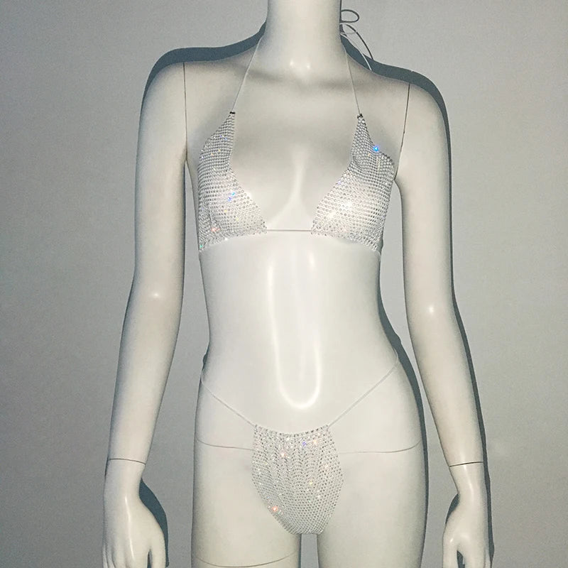 Glitter Goddess See through Micro Kini Rhinestone Bikini  Sunset and Swim White One Size 
